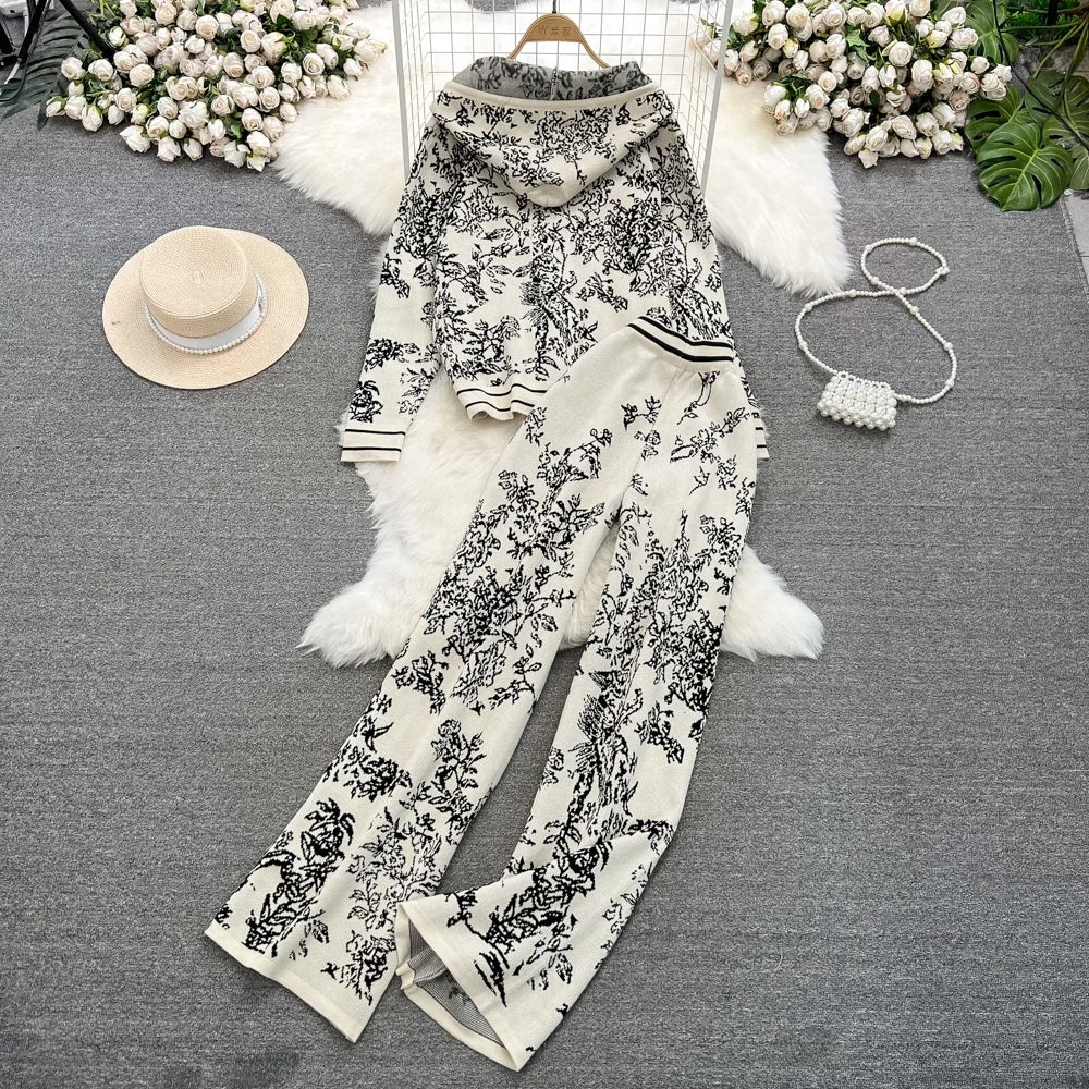 Fashion Suit Women'S Fall Winter Zipper Hooded Knit Sweater Pants Two Piece Set