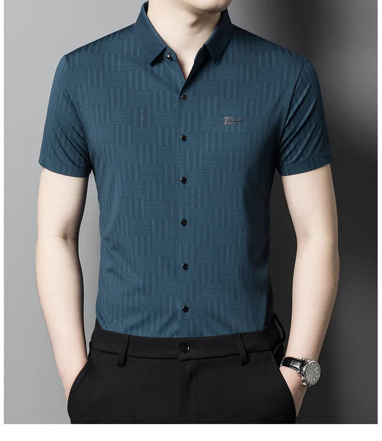 Liu Ming Summer Fashion Casual Men's Tops Shirts Single Breasted Solid Color Short Sleeve With Turn-Down Collar