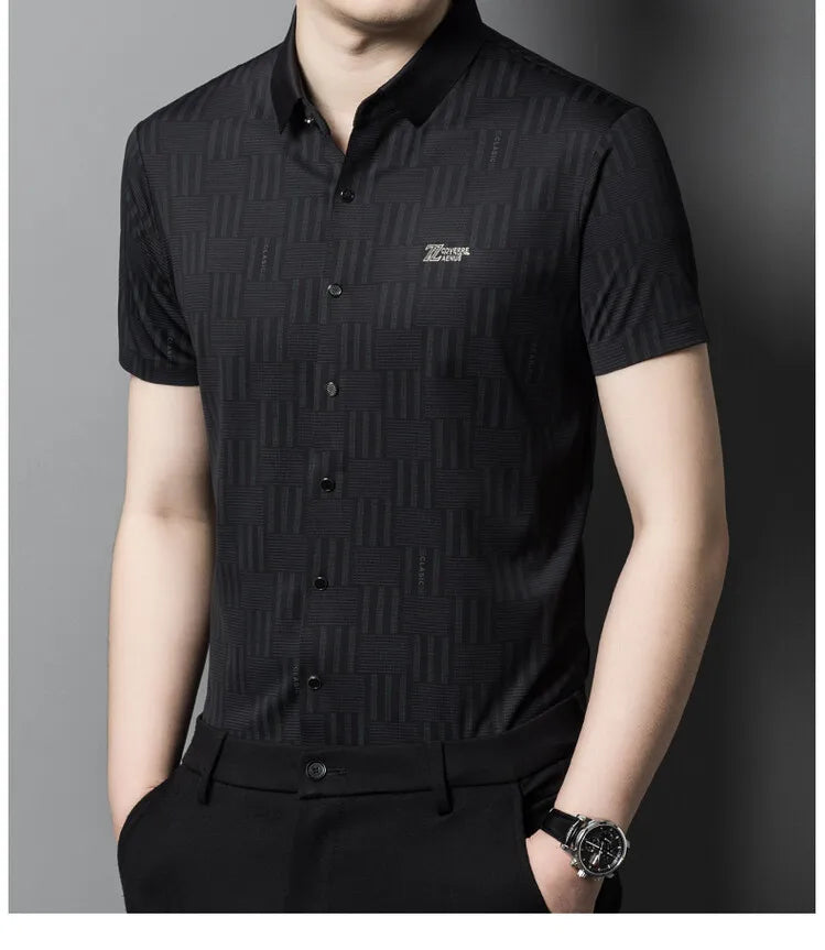 Liu Ming Summer Fashion Casual Men's Tops Shirts Single Breasted Solid Color Short Sleeve With Turn-Down Collar