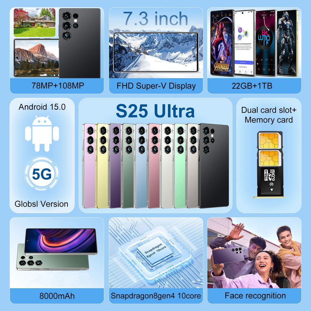 Real High Quality New S25 Ultra Smartphone 7.3 Inch Full Screen 22+1TB Android 15 S25 Ultra 5G Gaming Android Mobile Phones