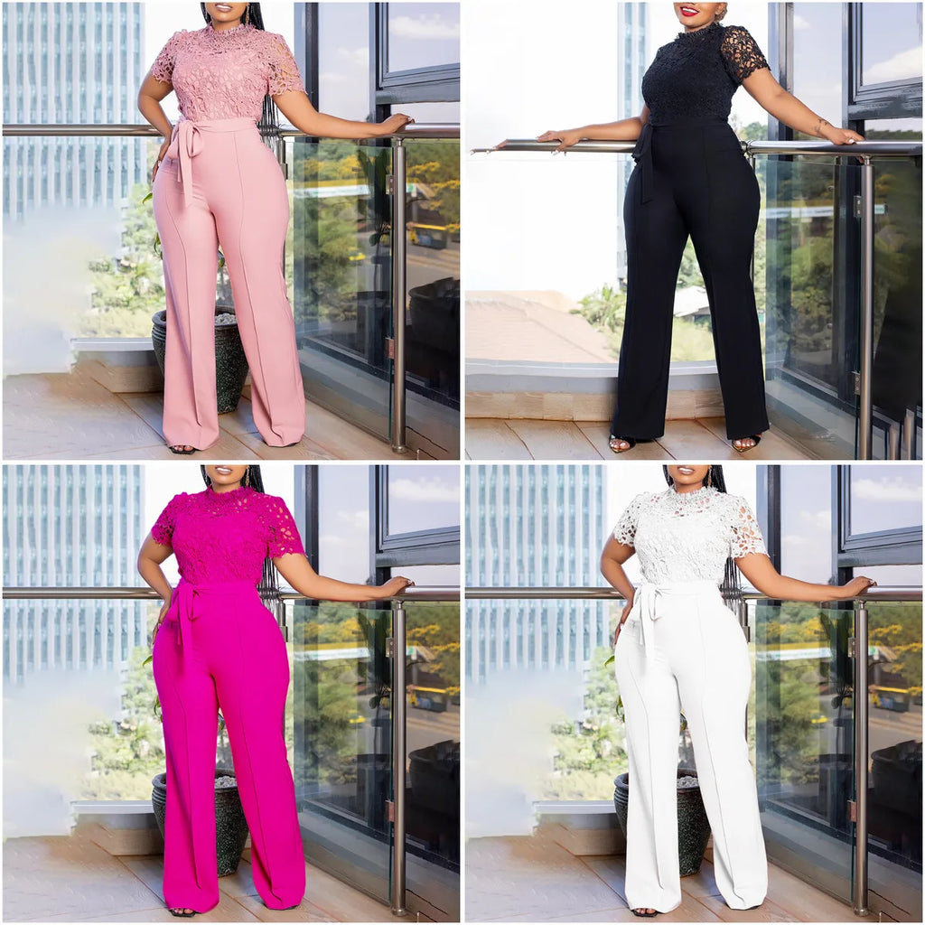 D509 Latest Design Sexy Lace Jumpsuit for Women Hollow Out Short Sleeve Tie up High Waist Wide Leg Jumpsuits for Ladies