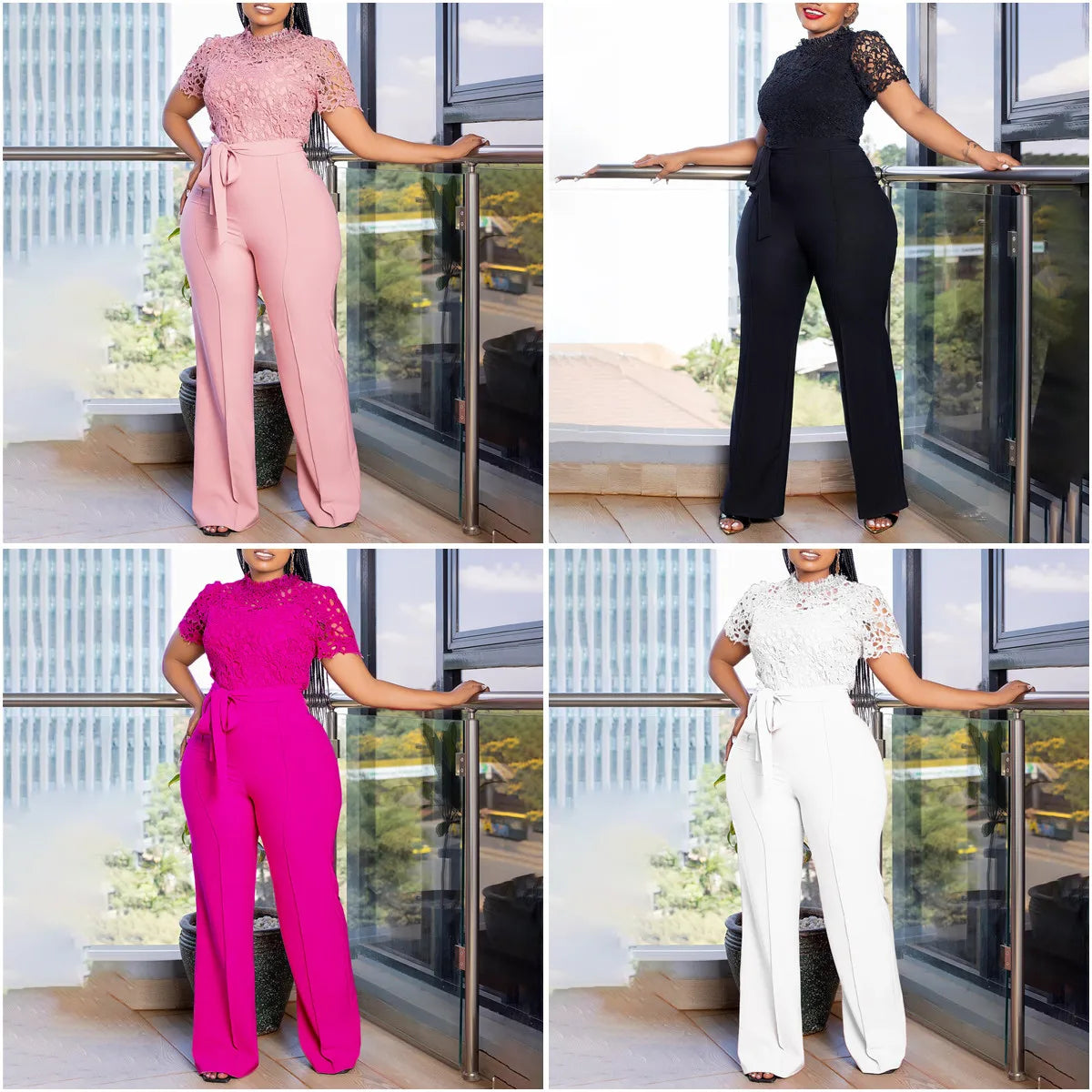 D509 Latest Design Sexy Lace Jumpsuit for Women Hollow Out Short Sleeve Tie up High Waist Wide Leg Jumpsuits for Ladies