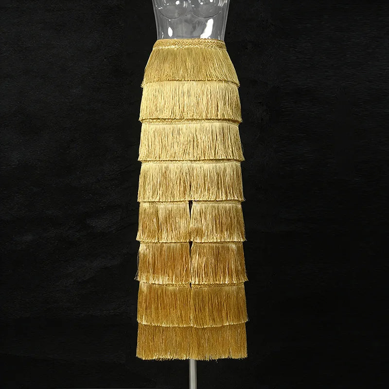 Solid Loose Spliced Tassels Minimalist Skirts for Women High Waist Patchwork Ruffles Fashion Skirt Female Clothing
