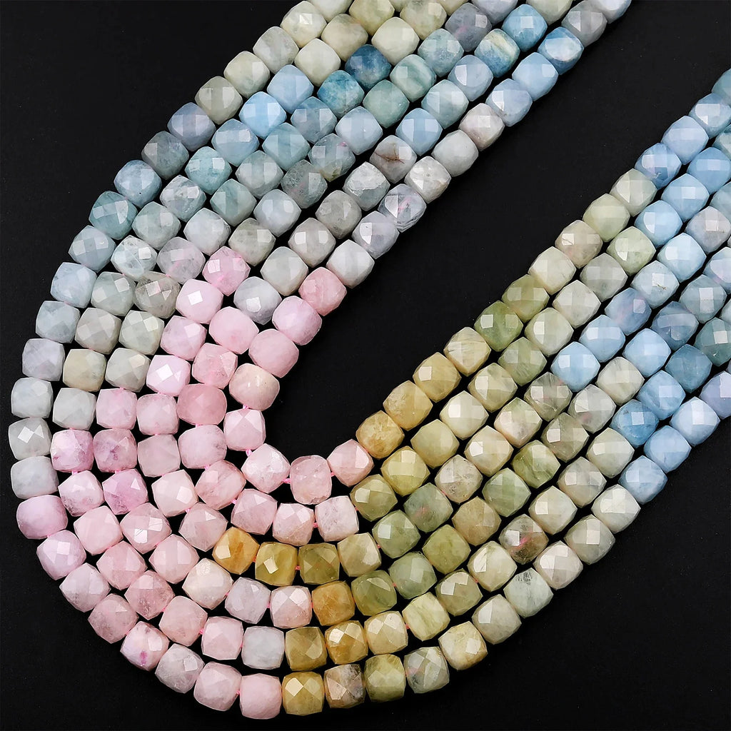 Great Gems Natural Multicolor Blue Aquamarine Pink Morganite Faceted 4mm 6mm Brilliant Cut Ball Beads Casual Unisex Necklace