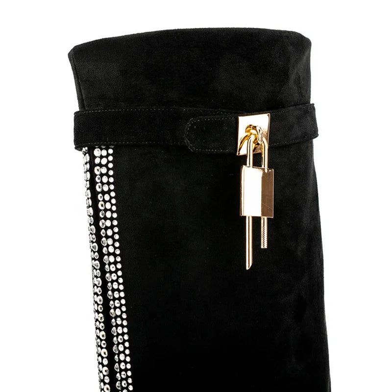 Shark Lock Soft Flock Long Booties Overlay Women's Bling Diamonds Knee High Boots Low Square Heels Shoes Big Size 45 Wide Fit