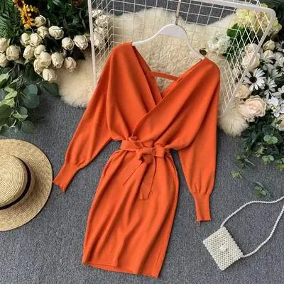 Autumn Winter Women Knitted Sweater Dress Korean Long Batwing Sleeve V Neck Elegant Dress Ladies Bandage Dresses