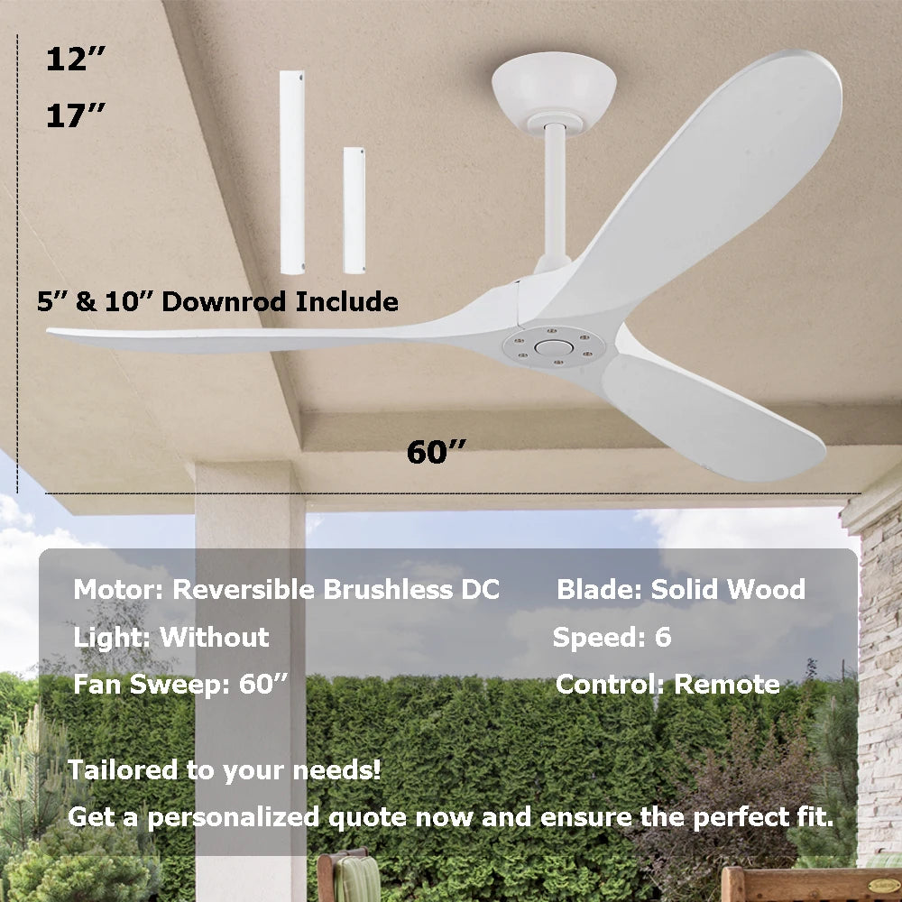60 Inches Luxury Wooden Outdoor Patios Ceiling Fan - Modern Design, Energy-Efficient, Ultra-Quiet, No Light, USA Free Shipping