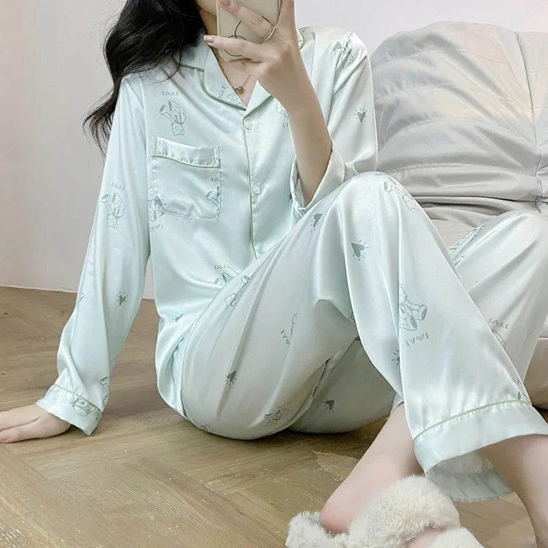 Best Selling Design Women's Silk Pajamas Long Sleeve Two-piece Set Cartoon Print Sleepwear Girls Cheap Nightwear Wholesale