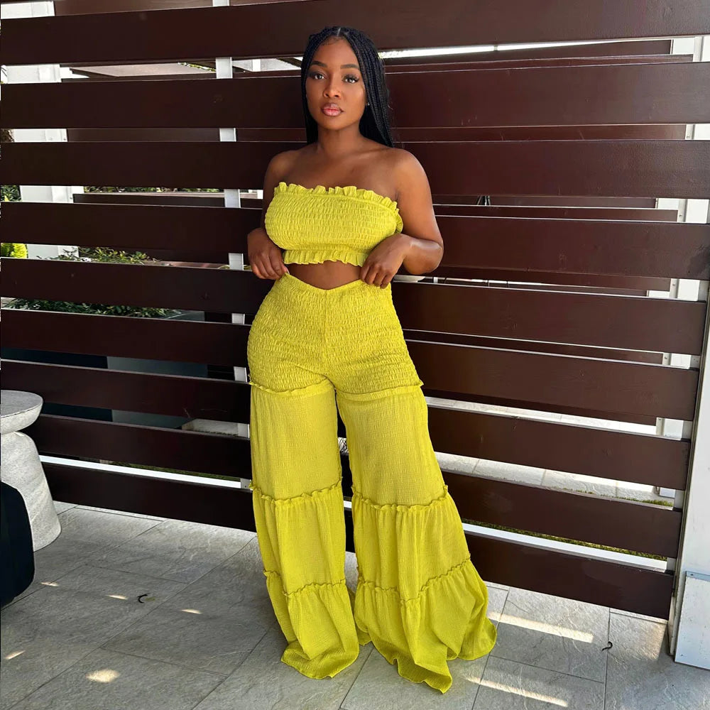 New Arrival Women Set Sexy Bubble Crepe Fabric With Wooden Ear Edge Patchwork Strapless Pants Two-piece Set