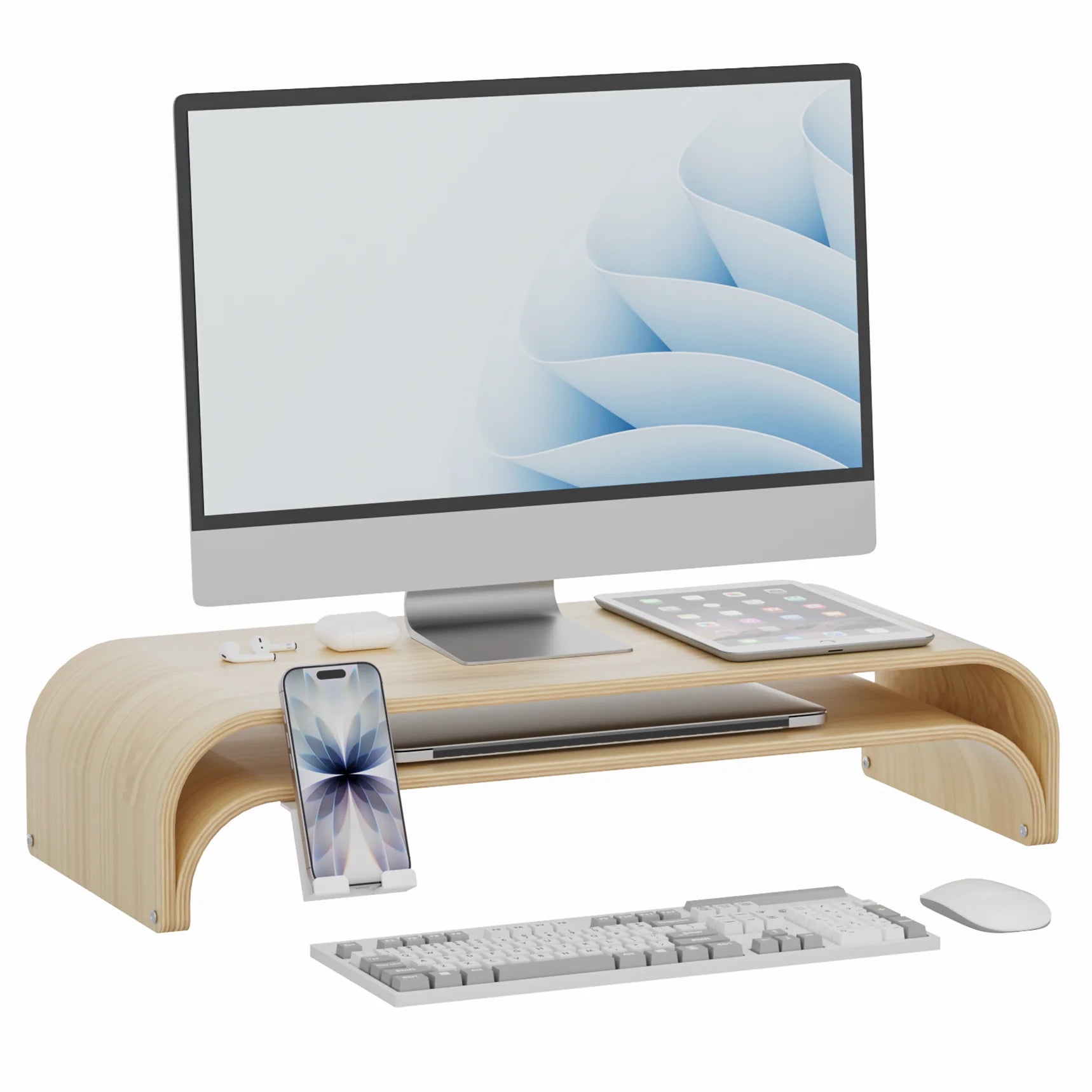 Solid Wood Dual Monitor Stand Riser 2 Tier, 24.1 Inch Desktop Organizer with Phone Holder, Multifunctional Desk Shelf