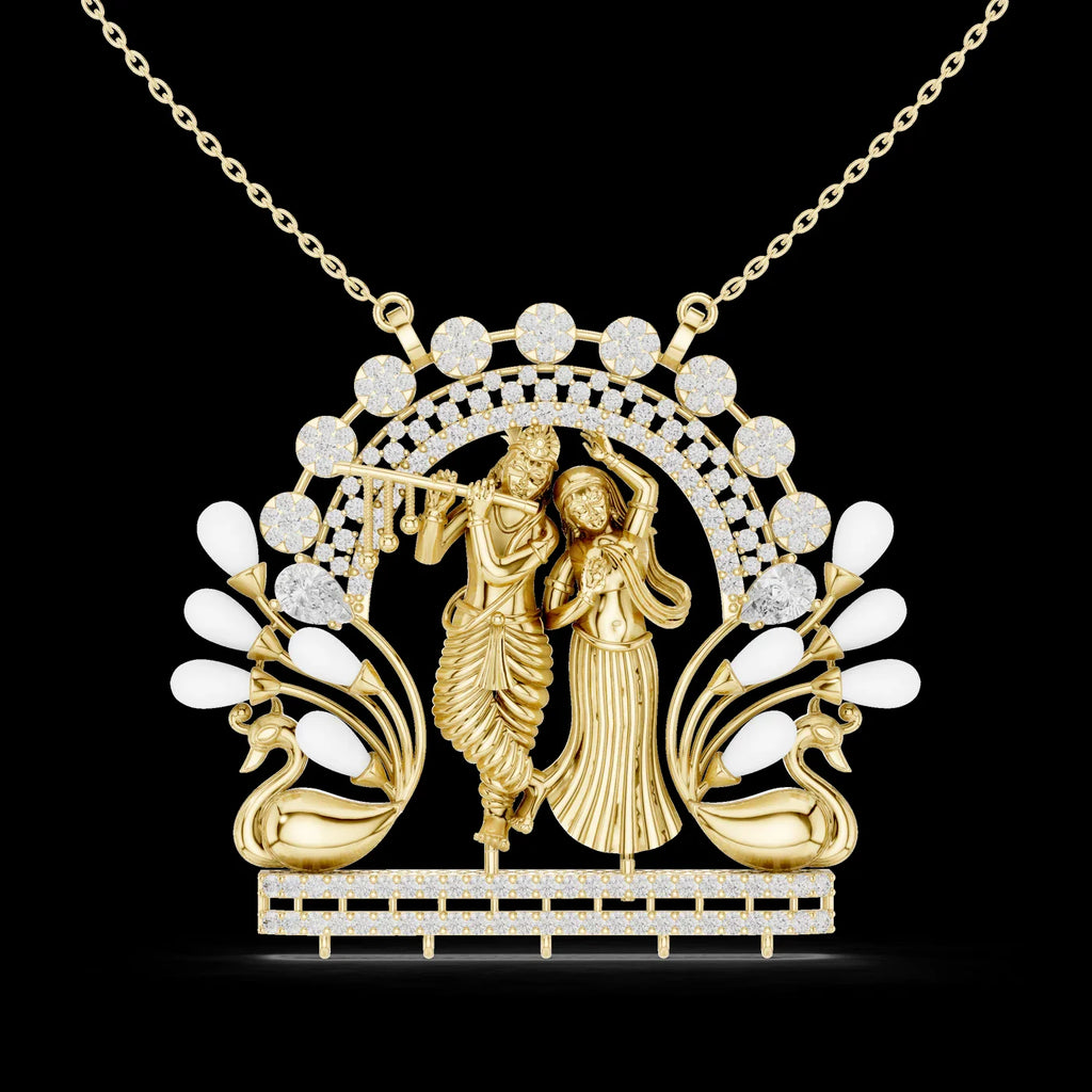 Silver Radha Krishna Lab Grown Diamond Pendant 14K/18K Gold Plated Luxury Link Chain Spiritual Inspired Design Engagement