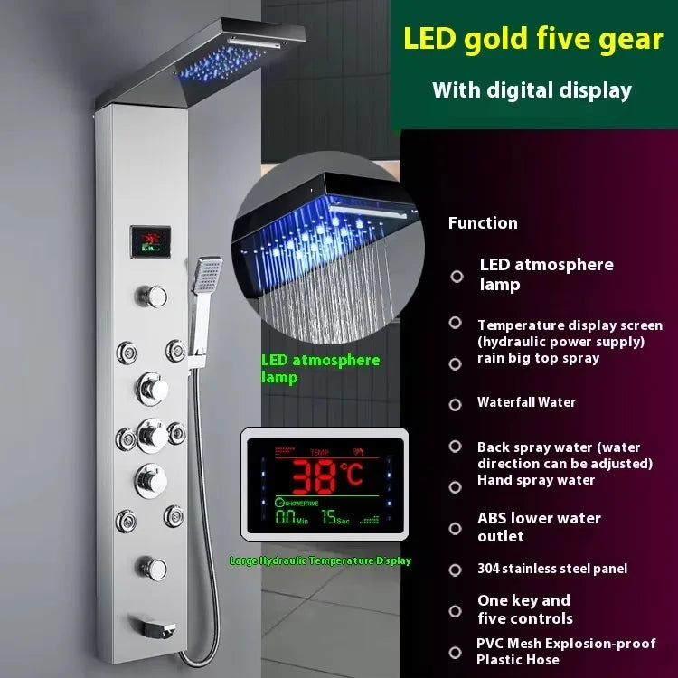 Wall Hotel Thermostatic Shower Set Led Screen Digital Display Temperature Shower Panel Stainless Steel Brass Shower System