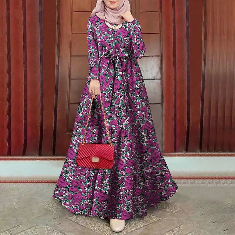 New Cross-Border Vintage Muslim Summer Dress Printed Sun Skirt Long-Sleeved Maxi Robe with Belt Polyester Flared Hem