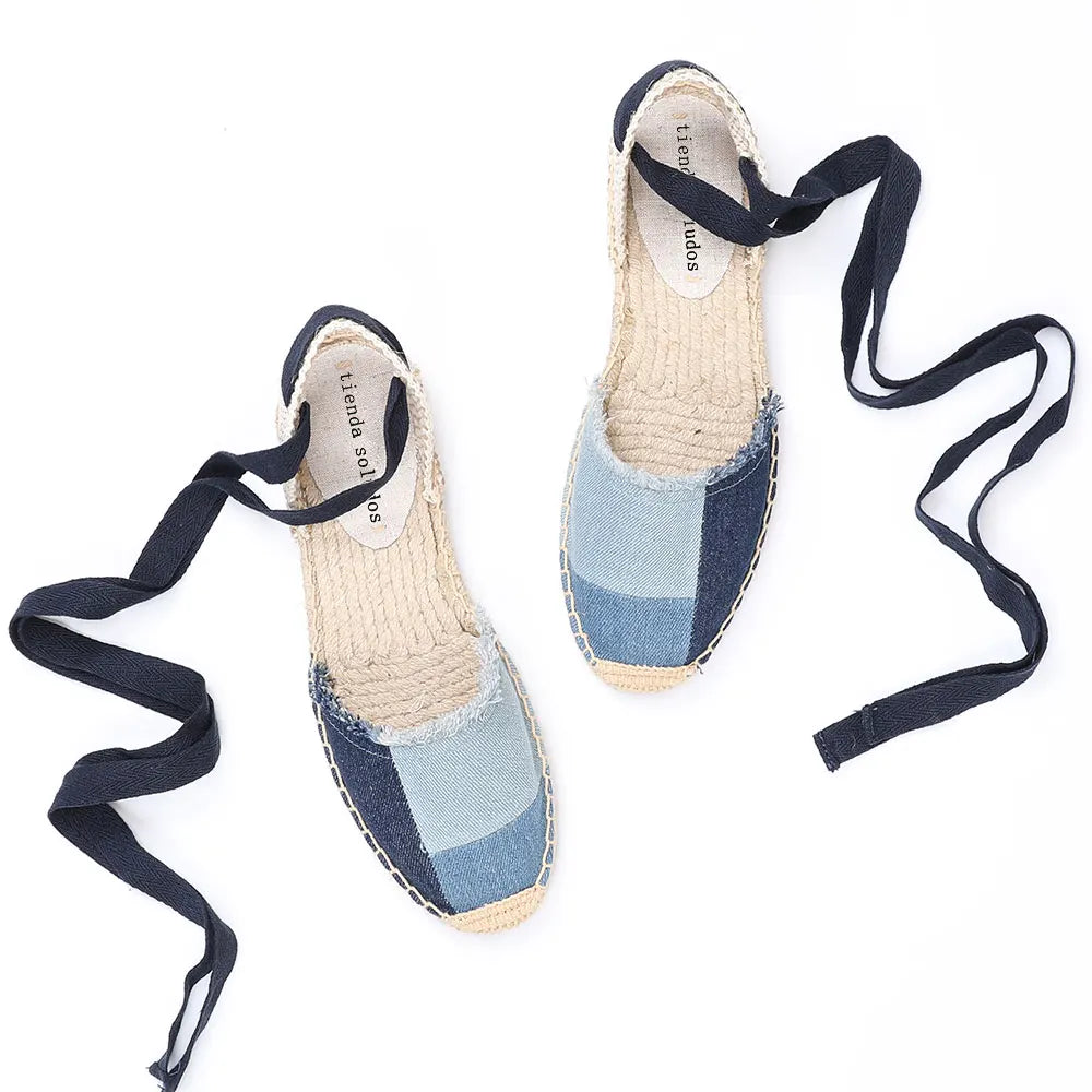 New Top Denim T-strap Flat With Cotton Fabric Open Sandalias Mujer Sandals Sapatos Mulher Womens Espadrilles Flat Shoes