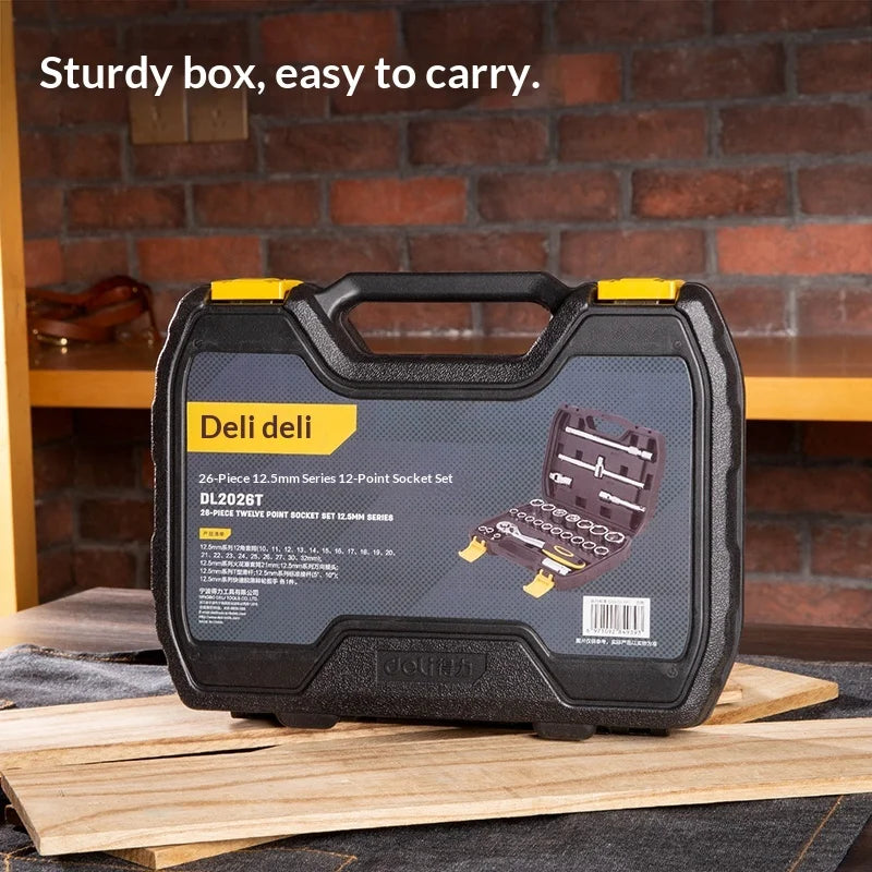 Deli Machine Repair Car Repair Toolbox Ratchet Multi-Function Socket Wrench Set DL2026T Made in Mainland China