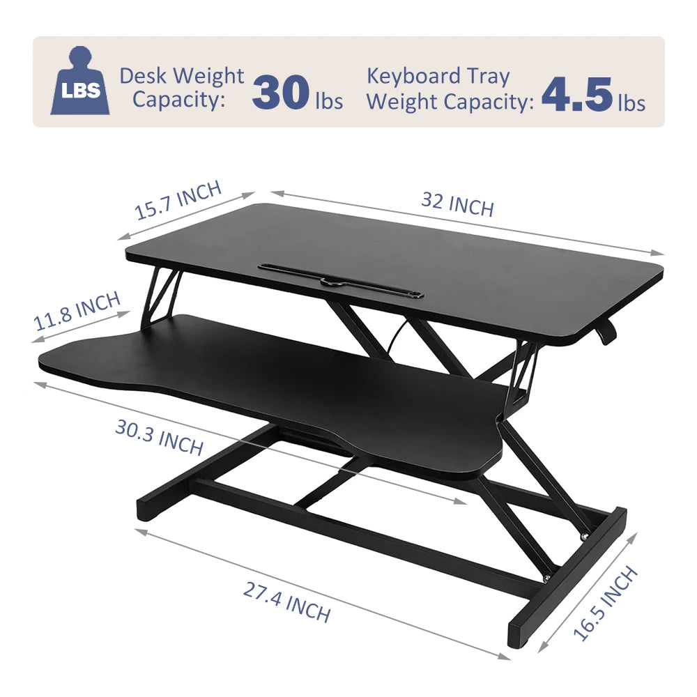 32-Inch Desk Converter Height-Adjustable Sit-Stand Riser for Dual Monitor Laptop Workstation with Wide Keyboard Tray (Black)
