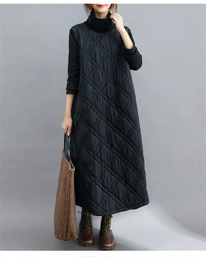 Retro Quilted Diamond Dress Thick Stitching Warm Autumn Winter Clothing New Women's High-Neck Casual Long Tunic y750