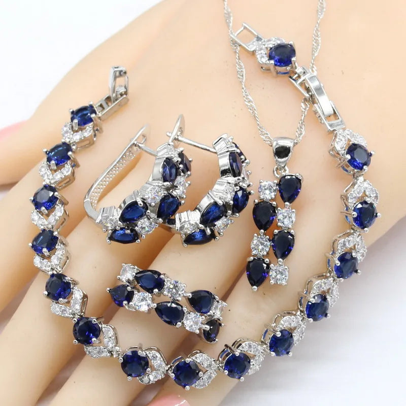 Dark Blue Sapphire 925 Silver Jewelry Set for Women Hoop Earrings Bracelet Rings Necklace Pendant for Parties Weddings Birthday
