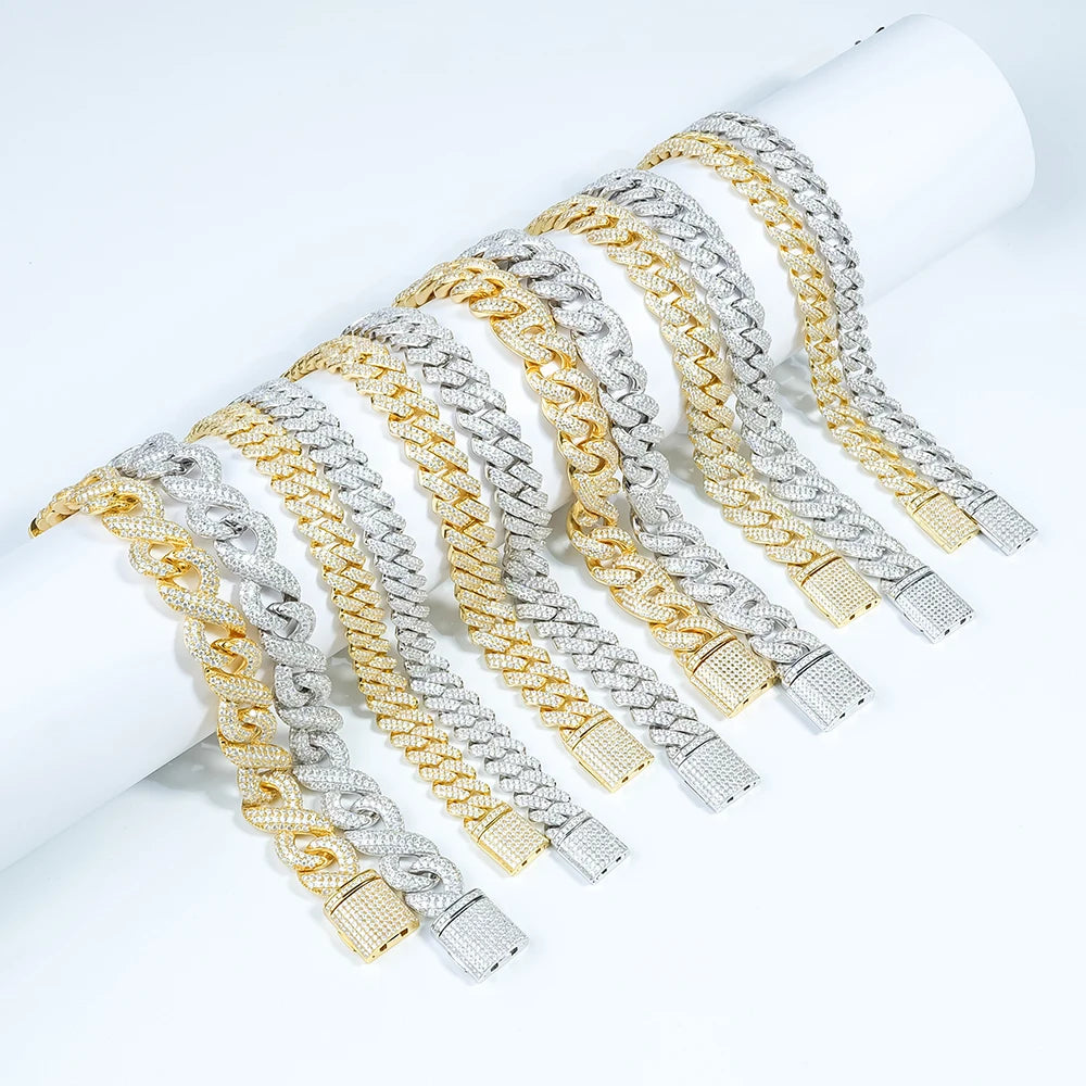 Premium Quality 925 Sterling Silver Hip Hop Style Fashion Jewelry Full Iced Out Moissanite Diamond Cuban Link Chain Bracelet