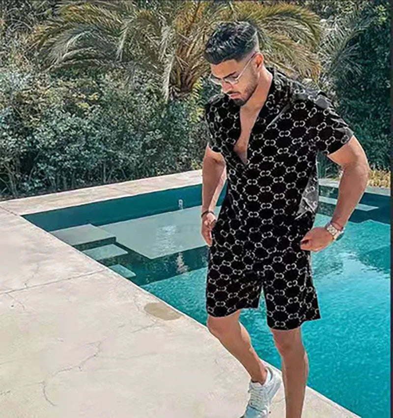 New Men Sets Print Patchwork Lapel Short Sleeve Casual Shirt Beach Shorts Summer Men Streetwear Vacation Hawaiian Suits