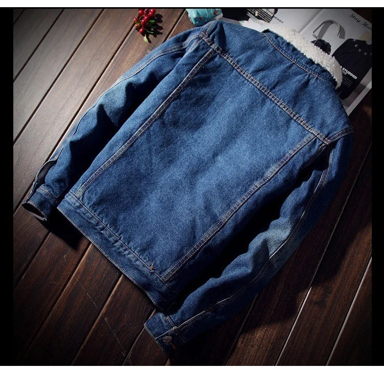 Men's Winter Warm Berber Fleece Denim Jacket Slim Fit Thicken Coat Outerwear Black Blue