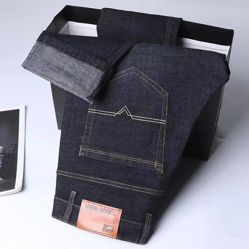 Luxurious Quality High Waist Fleece Lined Loose Stretch Multi-pocket Extra Large Spring Autumn Winter Men's Straight Leg Jeans