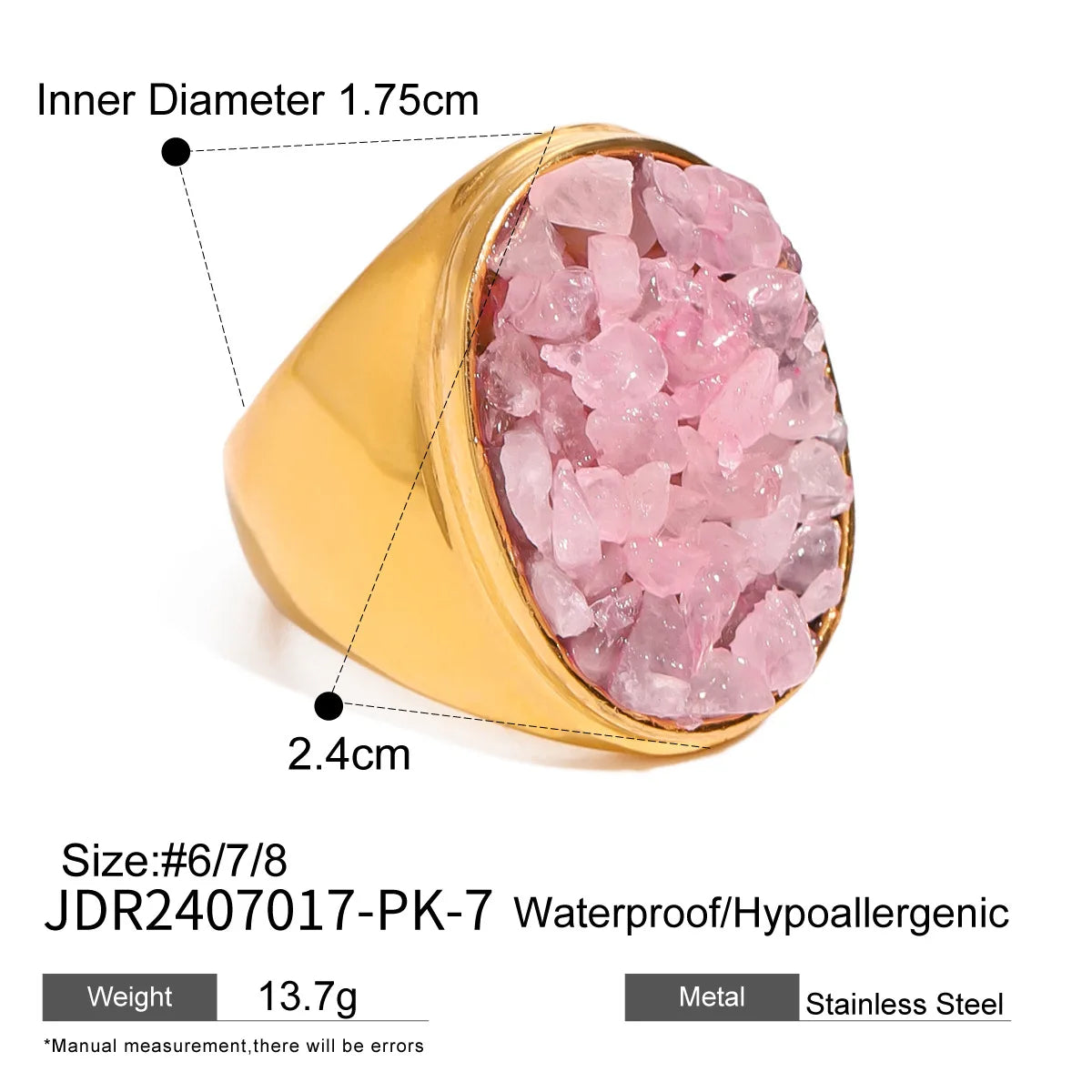 Stainless Steel Shine Inlaid Natural Crystal Geometric Rings Stainless Steel Skin-Friendly 18K Gold-plated Waterproof Jewelry
