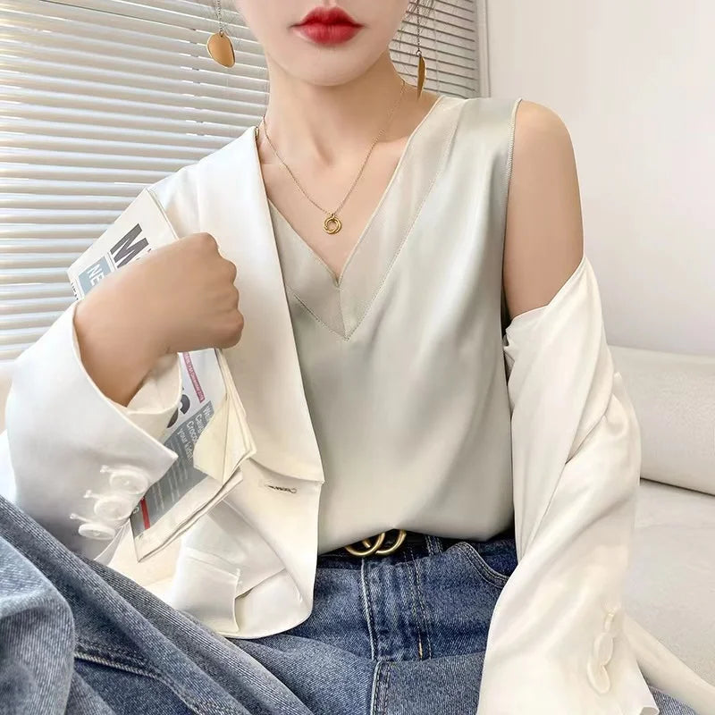 Milan New Style Hot Selling Ladies Spring Summer Autumn Luxury V-neck Real Silk Halter tank Top Women
