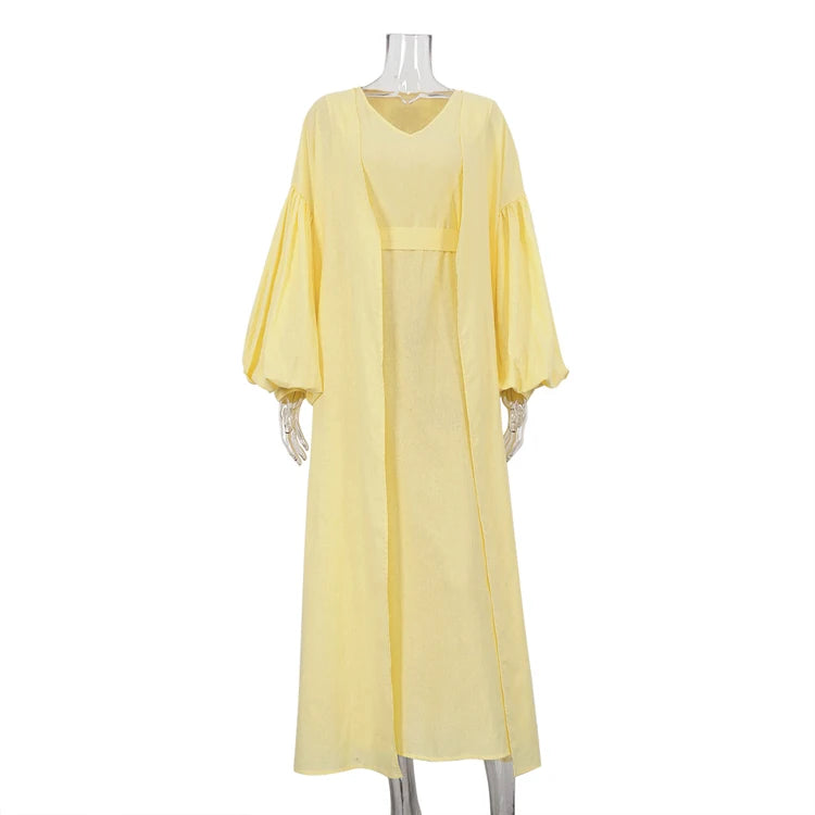 Plain Cotton Linen Women's Two-Piece Set V Neck Tank Dress And Belted Puff Sleeve Abaya Musulmane Ensembles Robe Pour Femmes