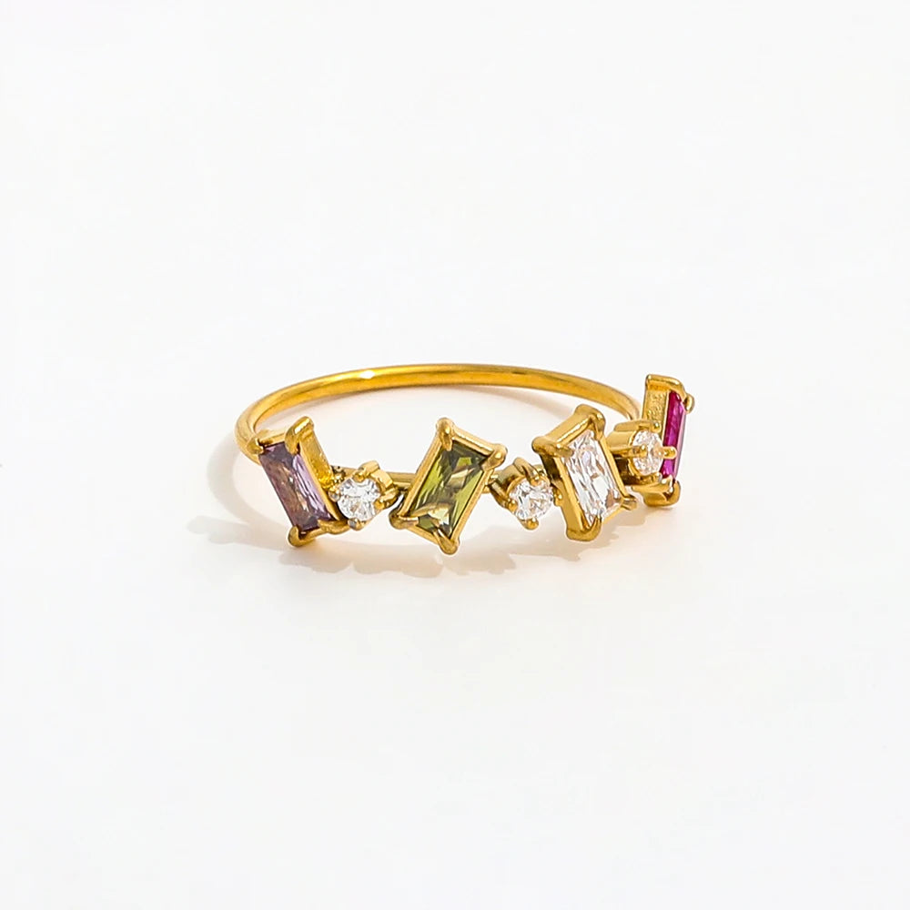 Joolim Women's Dainty Colorful Round Rectangle Zirconia Ring 18K Gold Plated Stainless Steel Jewelry Wholesale Non-Tarnish Rings