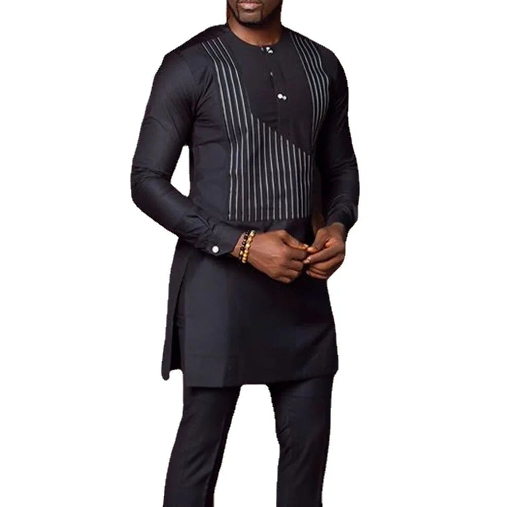 10%OFF M-4XL Black Casual Asymmetric Striped African Ethnic Style Men's Long Sleeve Shirt Men's Collarless Top