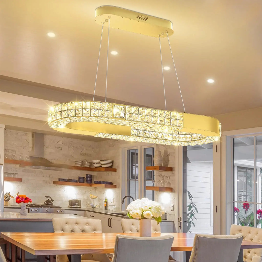 Oval Crystal Chandelier,LED Ring Chandelier for Kitchen Island Modern Linear Oval Chandeliers for Dining Room