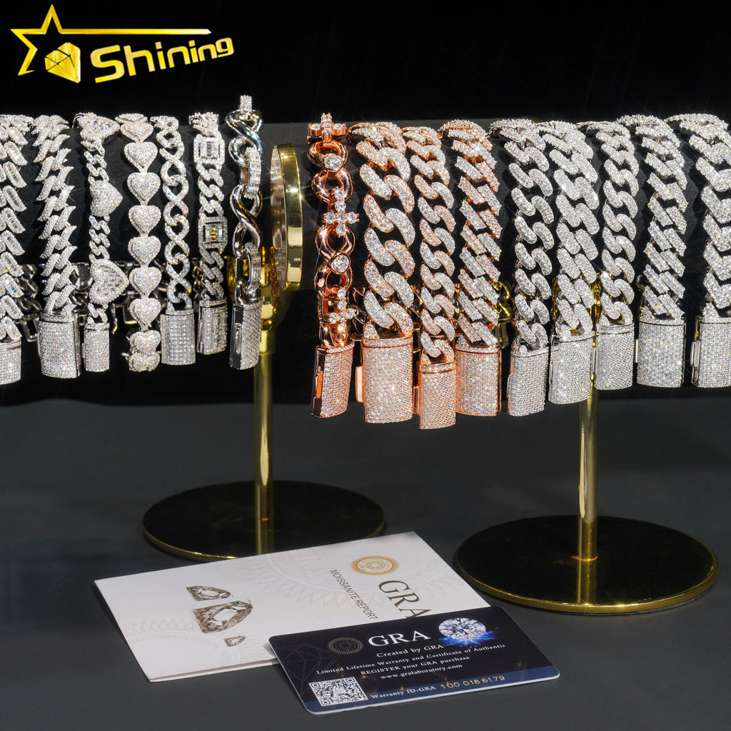 Hot Selling Pass Diamond Tester 925 Sterling Silver 10mm 15mm  20mm Moissanite Cuban Link Chain Mens Cuban Bracelet