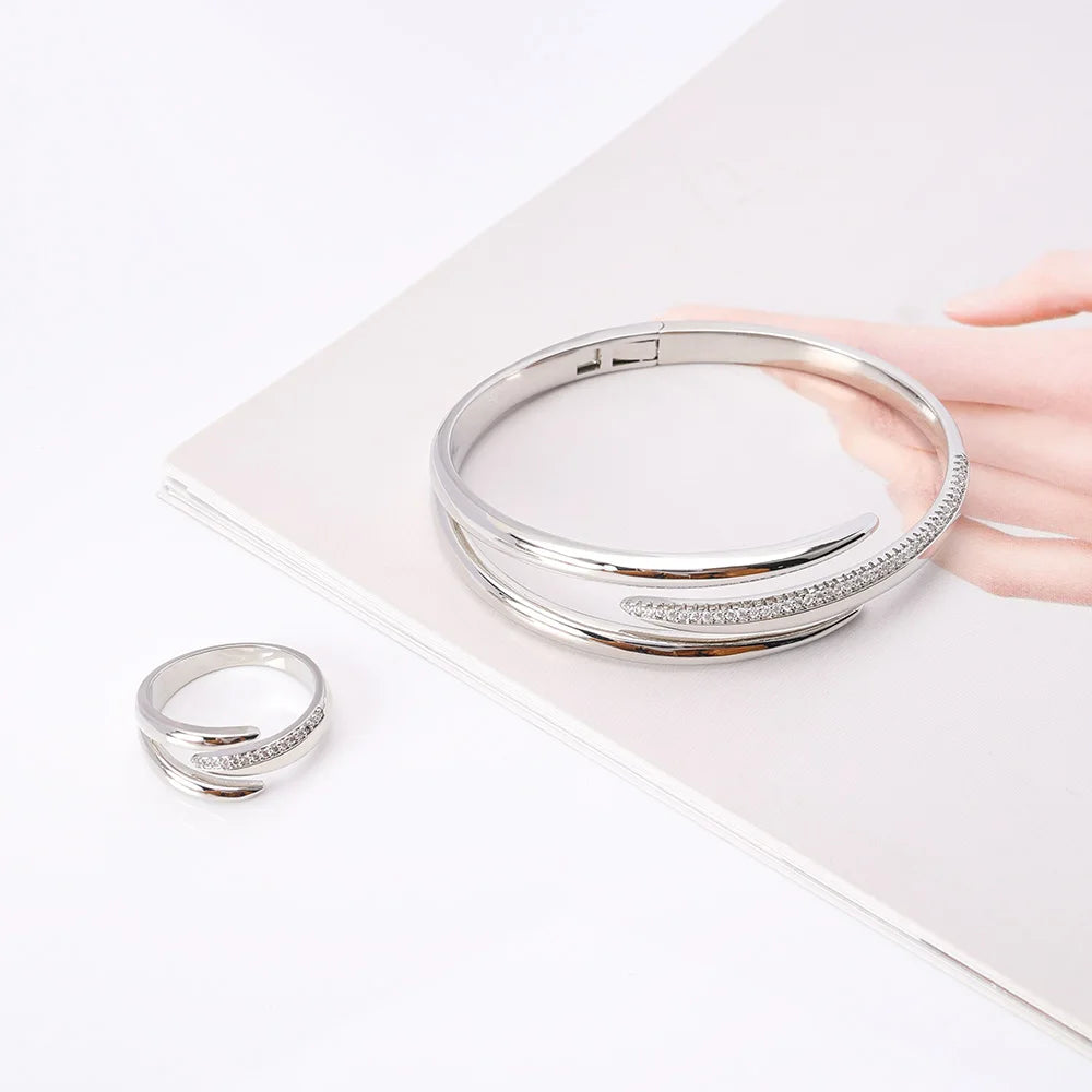 011857 Women Fashion Bracelet Ring Sets Cubic Zircon Bangle Rings Set for Women Cuff Design Jewelry Set for Party Daily Life