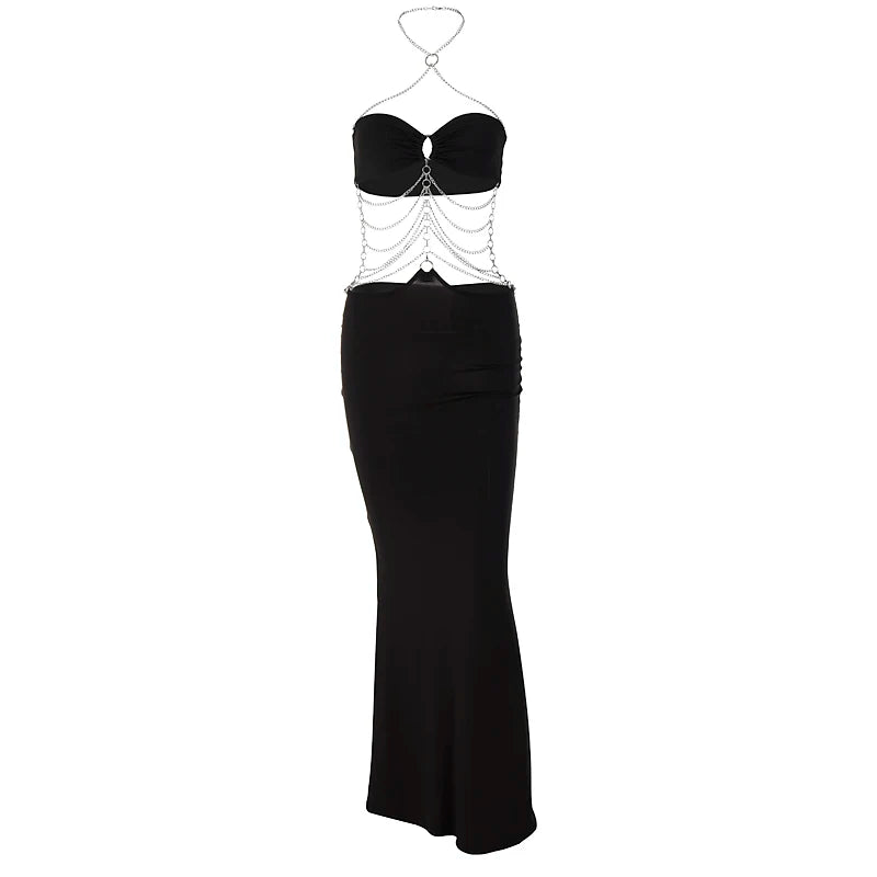 Hugcitar Pure Color Chain Halter Bandage Sleeveless Backless Revealing Slim Maxi Dress Fall Women Fashion Elegant Party Y2K
