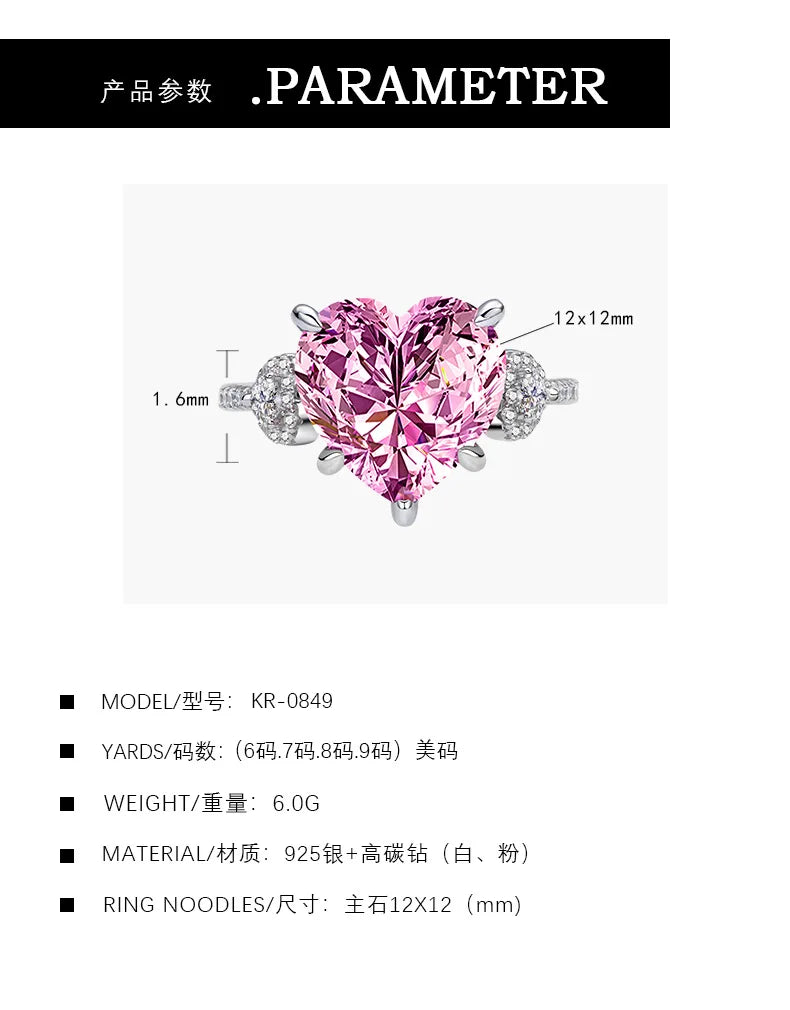 Fashion S925 Sterling Silver 12*12mm Heart Shape Stone Cz Cubic Zirconia Luxury Wedding White pink Diamond Rings for Women