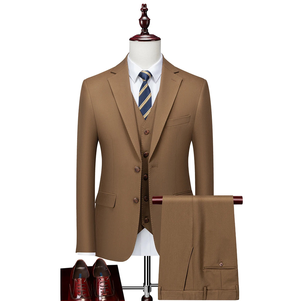 Men's Brown 3-Piece Suit Single Breasted Business V Collar 2 Buttons Fly Pant Bridegroom Office Party Men Suits 9116