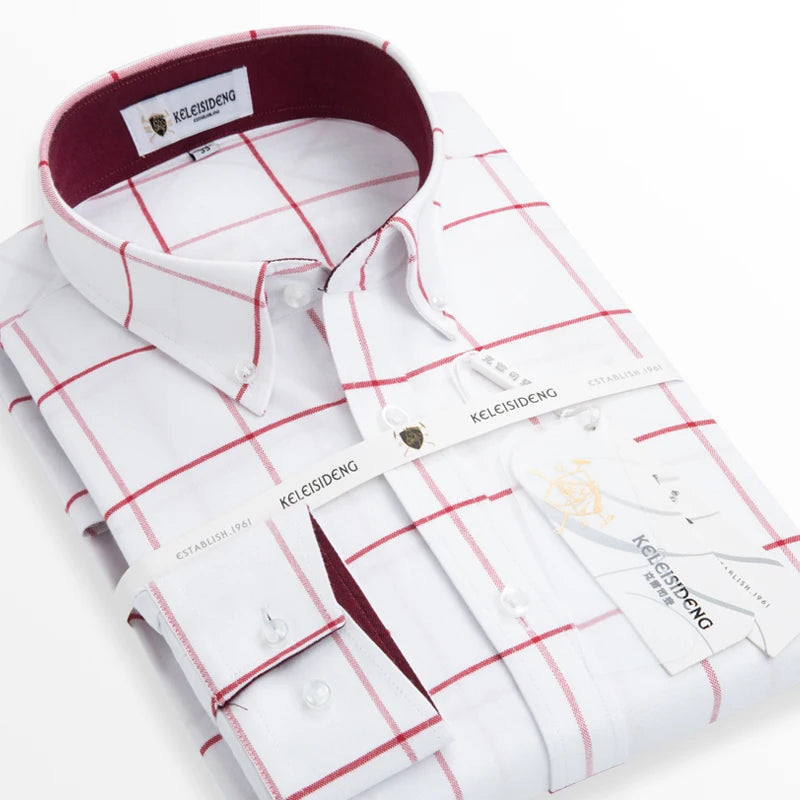 Men's Long Sleeve Thick Cotton Oxford Shirts with Front Pocket High Quality Smart Casual Stripe Plaid Button Down Dress Shirt