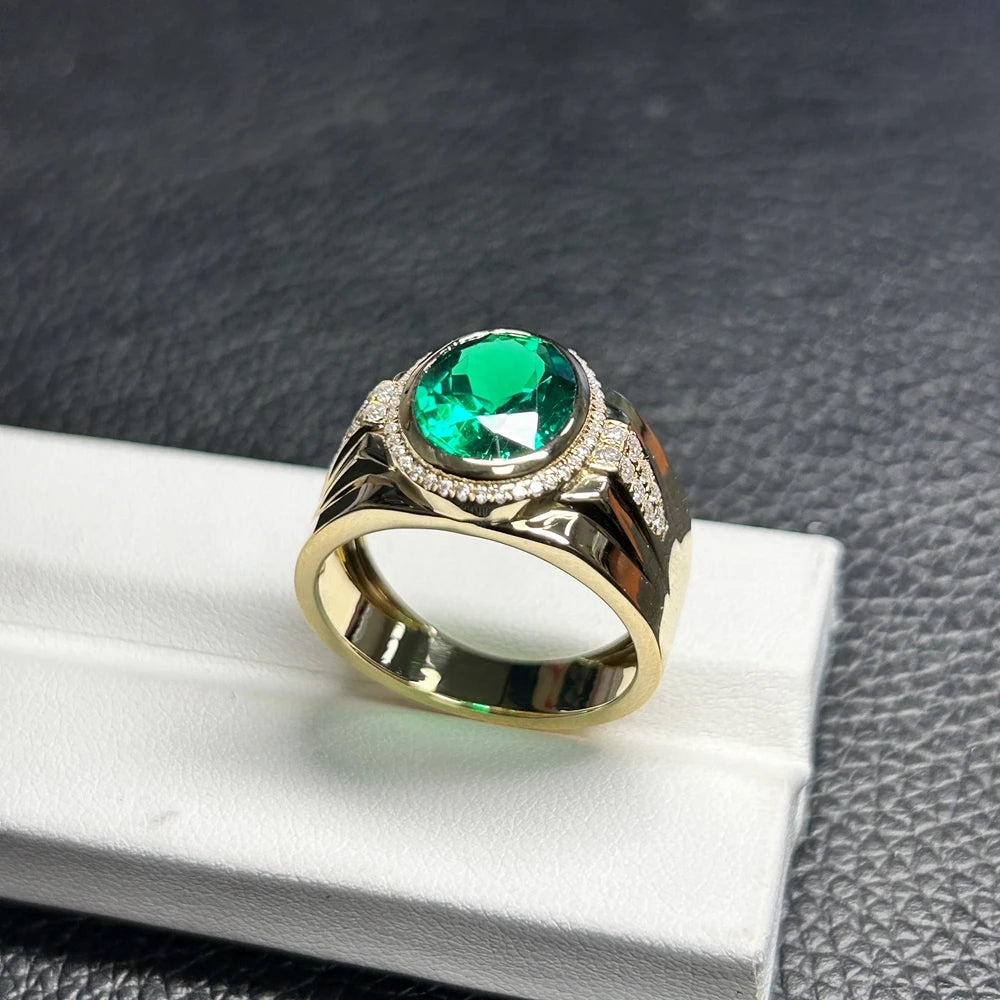 18K Solid Yellow Gold Rings 4 CTS 9.5x11.5mm Lab Green Oval Cut Emerald Gemstone Mens Ring