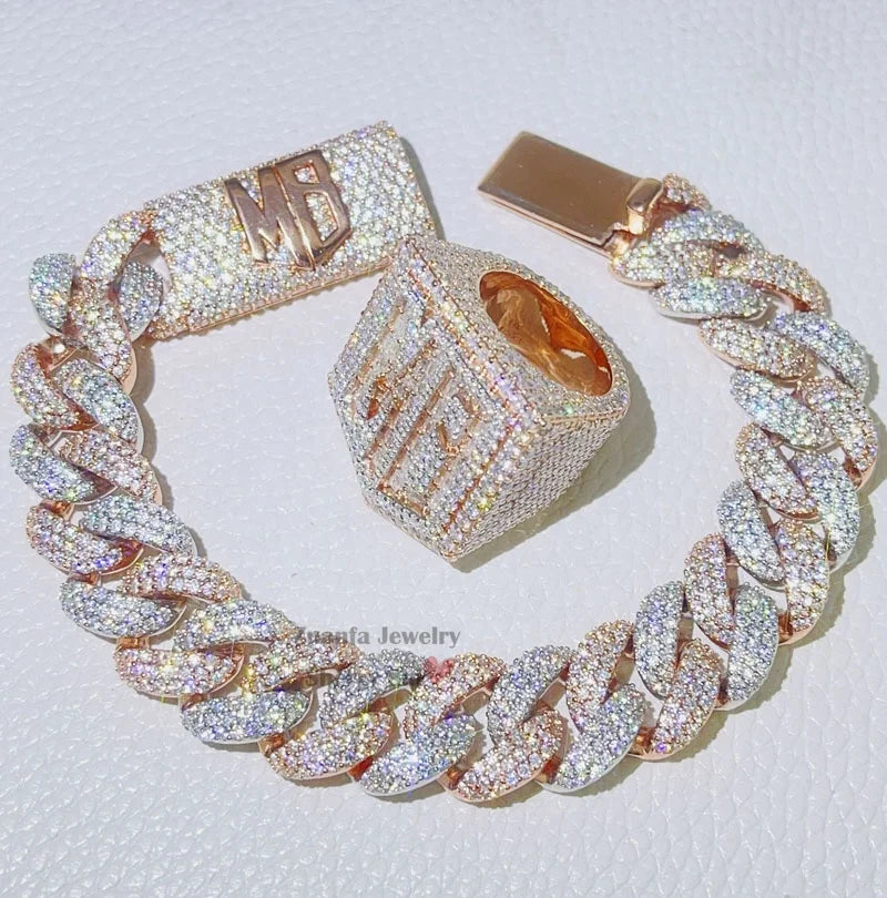 Rapper Jewelry Hip Hop Sterling Silver 15MM Iced Out VVS Moissanite Diamond Cuban Bracelet With Name Clasp