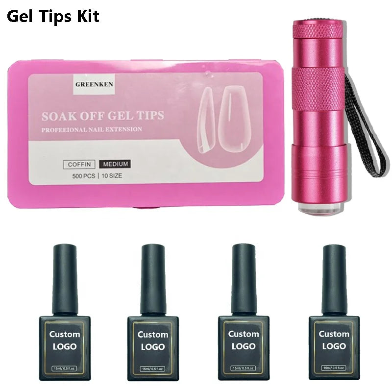 Soft Gel Nail Tip Set Custom Box and LOGO Nail Tip Set With Lamp Glue Clear Full Cover Soft Gel Nail Tip Kit
