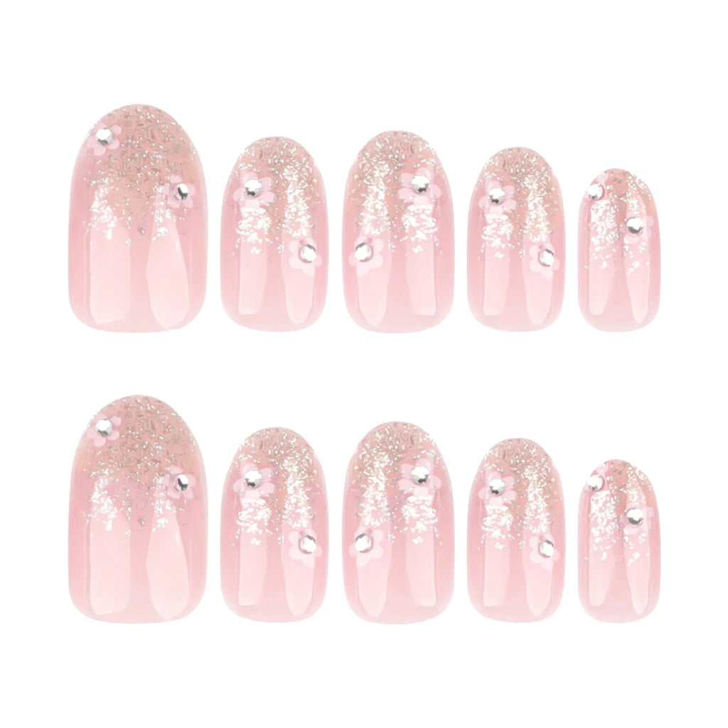 24 Pcs/set Soft Acrylic 3723 Glitter Gradient with Floral Design on Short Round Nails Press on Nails Artificial Fingernails