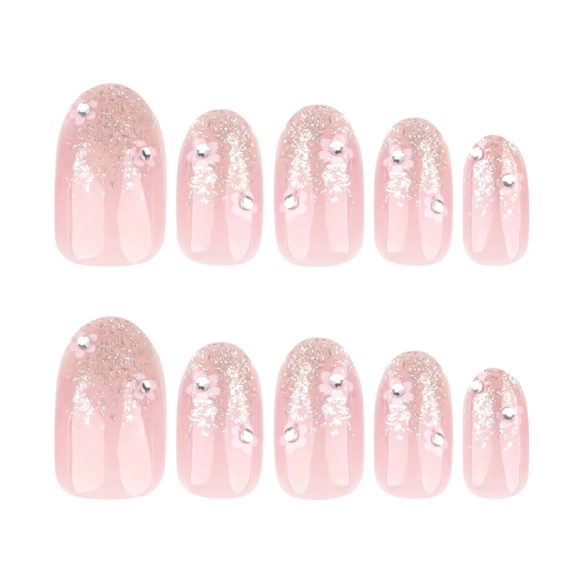 24 Pcs/set Soft Acrylic 3723 Glitter Gradient with Floral Design on Short Round Nails Press on Nails Artificial Fingernails