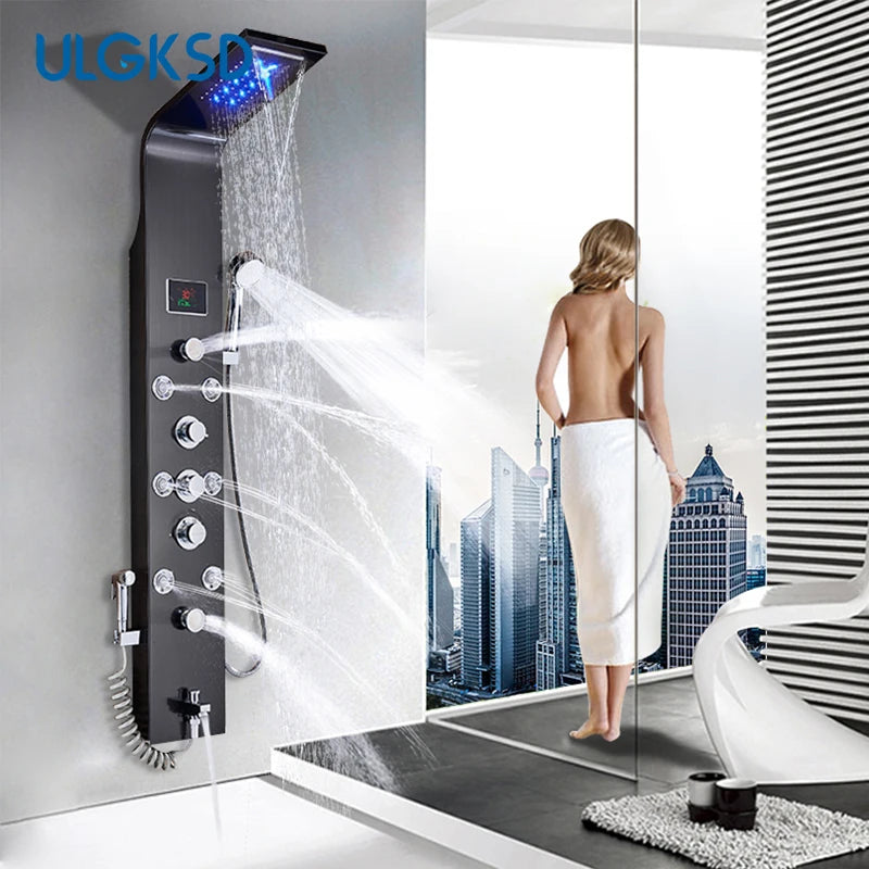 ULGKSD Black/Brushed Bathroom Shower Faucet LED Shower Panel Column Bathtub Mixer Tap With Hand Shower Temperature Screen