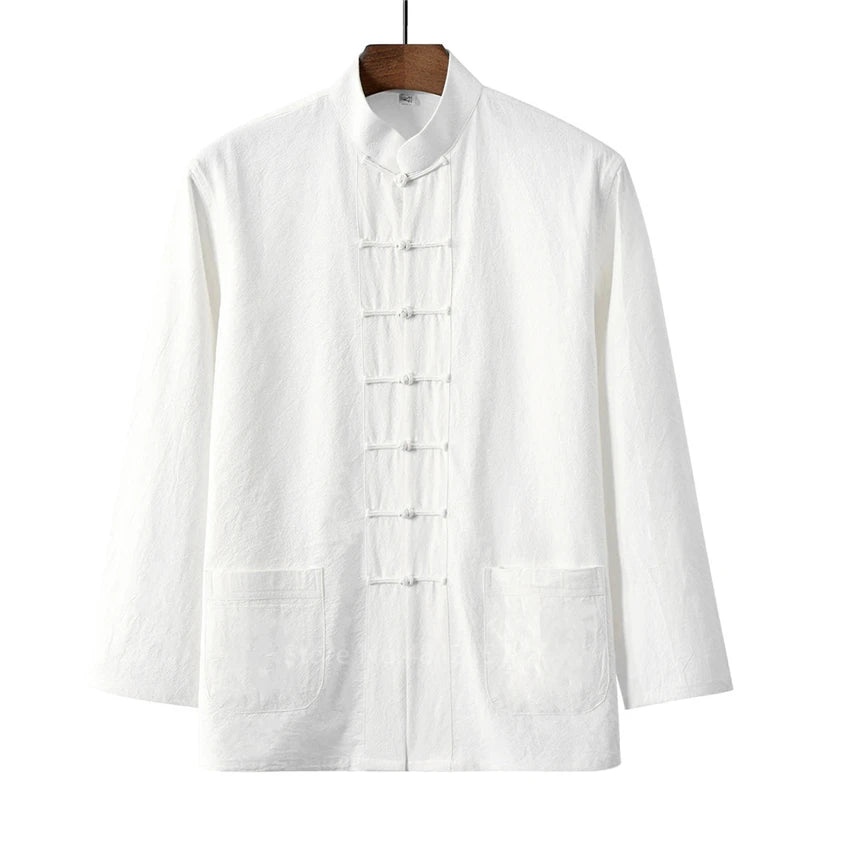 Traditional Chinese Style New Year Hanfu Men Tops Kung Fu Solid Linen Tai Chi Wushu Outfit Vintage China Shirt Clothing
