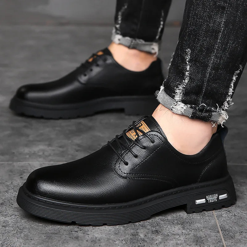 Men's British Style Leather Loafers Toe Anti Slip Rubber Sole Spring Casual Dress Shoes Solid Pattern Genuine Leather Lining