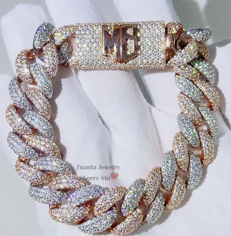 Rapper Jewelry Hip Hop Sterling Silver 15MM Iced Out VVS Moissanite Diamond Cuban Bracelet With Name Clasp