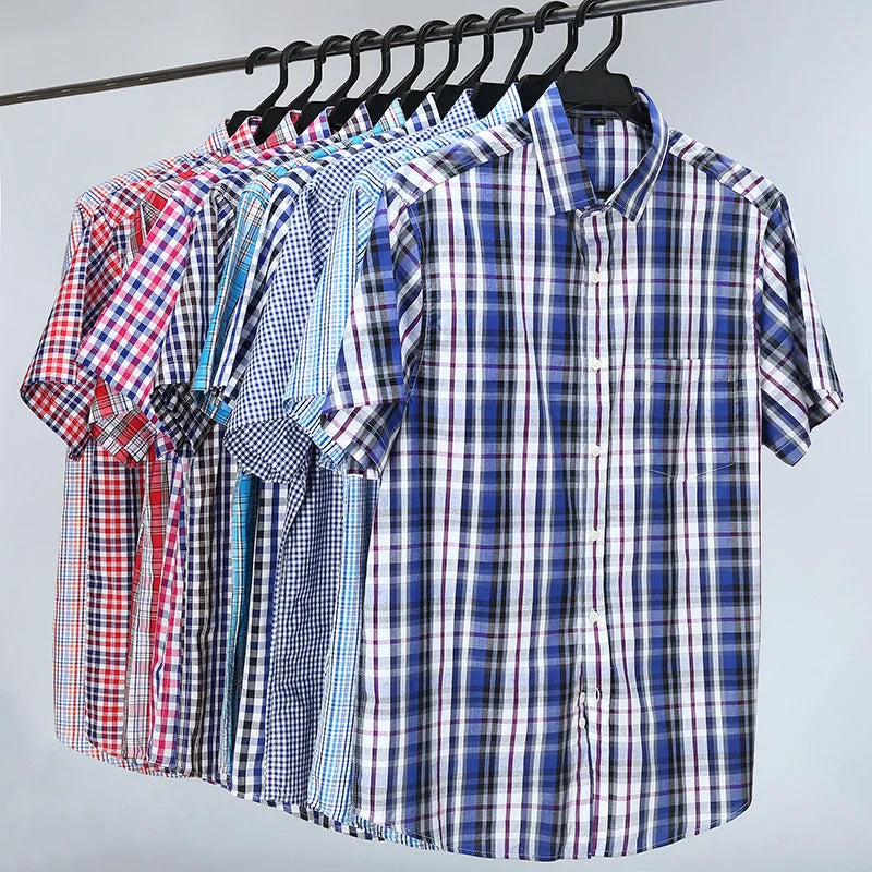 RNSHANGER 5XL 6XL 7XL 8XL 10XL Men's Plus Size Shirts Fashion Casual Classic Style Cotton Comfortable Plaid Short Sleeve Shirt