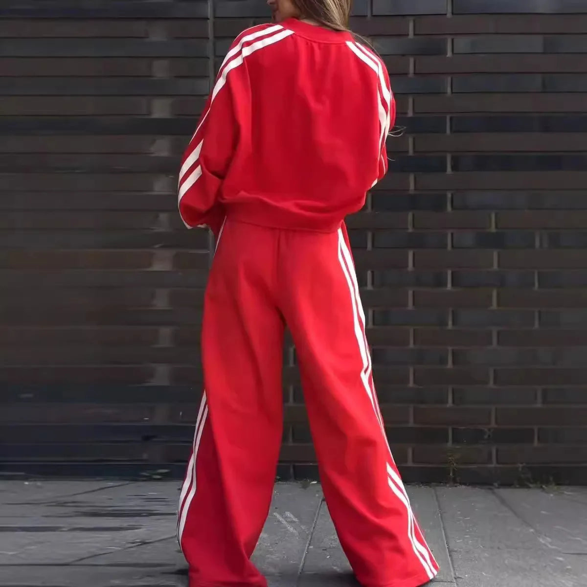 Women's Trendy V-neck Cropped Top & Wide Leg Pants 2-Piece Set Side Striped Casual Tracksuit