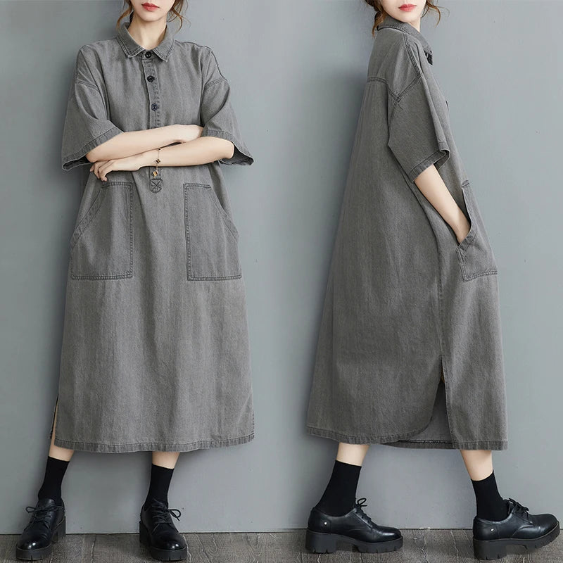 Boutique Wholesale 2025 Summer New Fashionable Retro Lapel Loose Casual Denim Women's Dress